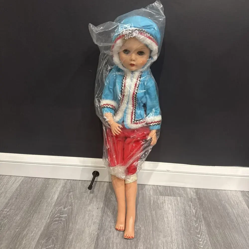 Vintage 23” Hard Plastic Fashion Doll Blue Faux Fur Hooded Winter Outfit *